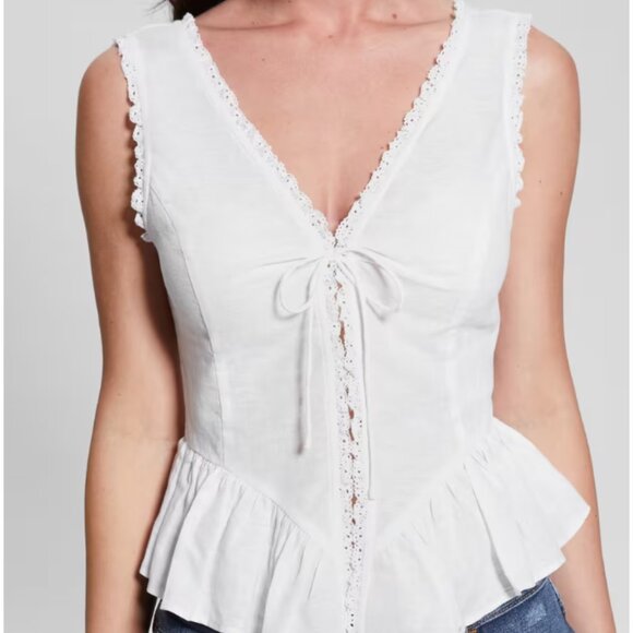 NWT Guess Linen Lace Top with Tie Front Detail, S - Picture 1 of 4